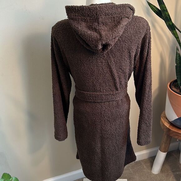 Mina Lisa Feather Knit Hooded Lounge Robe in Cocoa S - Picture 6 of 8